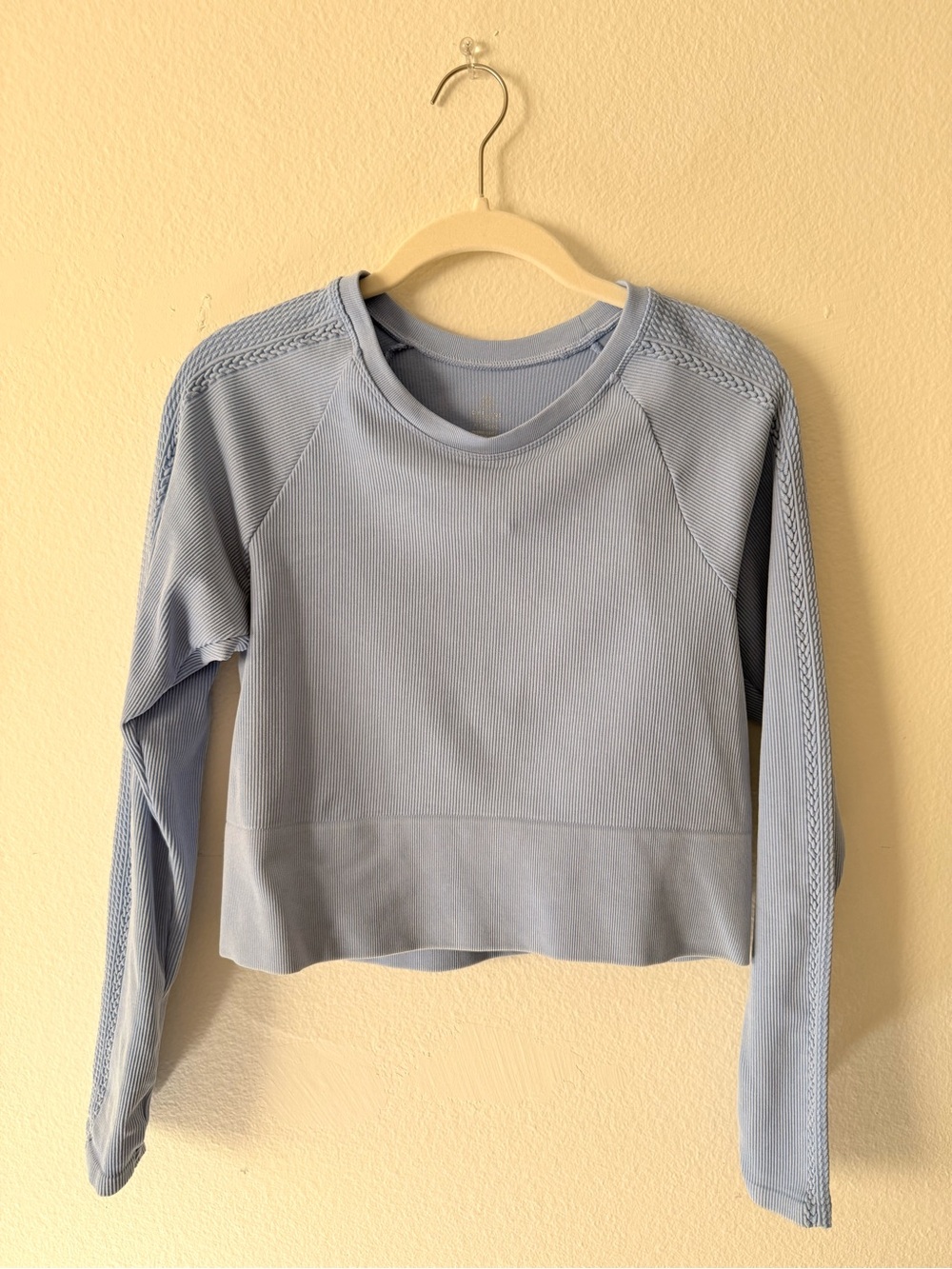 Cropped Light Blue Ribbed Long-Sleeve Top